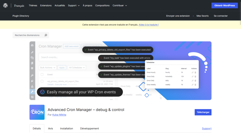 Tableau de bord de l'extension Advanced Cron Manager pour WordPress
