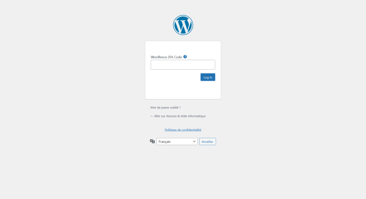 Écran de validation du code 2FA Wordfence après saisie du mot de passe WordPress