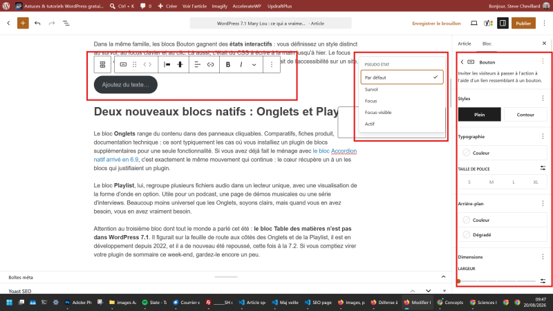 Le bloc Bouton de Gutenberg et ses nouveaux états de survol, de focus clavier et de clic