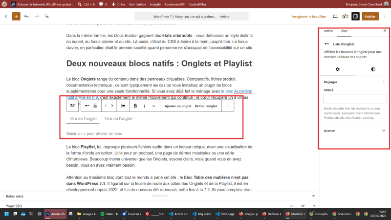 Le bloc Onglets natif de WordPress 7.1 qui range le contenu dans des panneaux cliquables