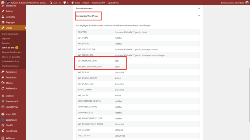 Constantes WordPress dans Santé du site : WP_MEMORY_LIMIT à 40M et WP_MAX_MEMORY_LIMIT à 256M