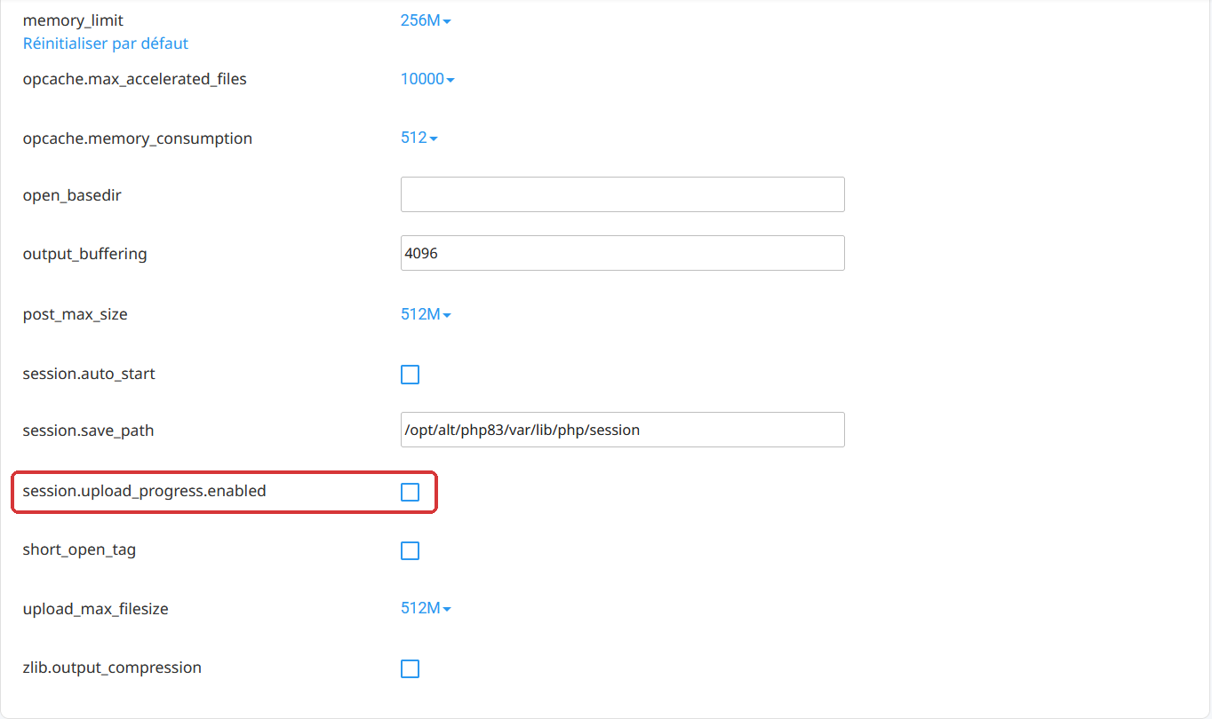 Onglet Options du PHP Selector de cPanel avec la case session.upload_progress.enabled