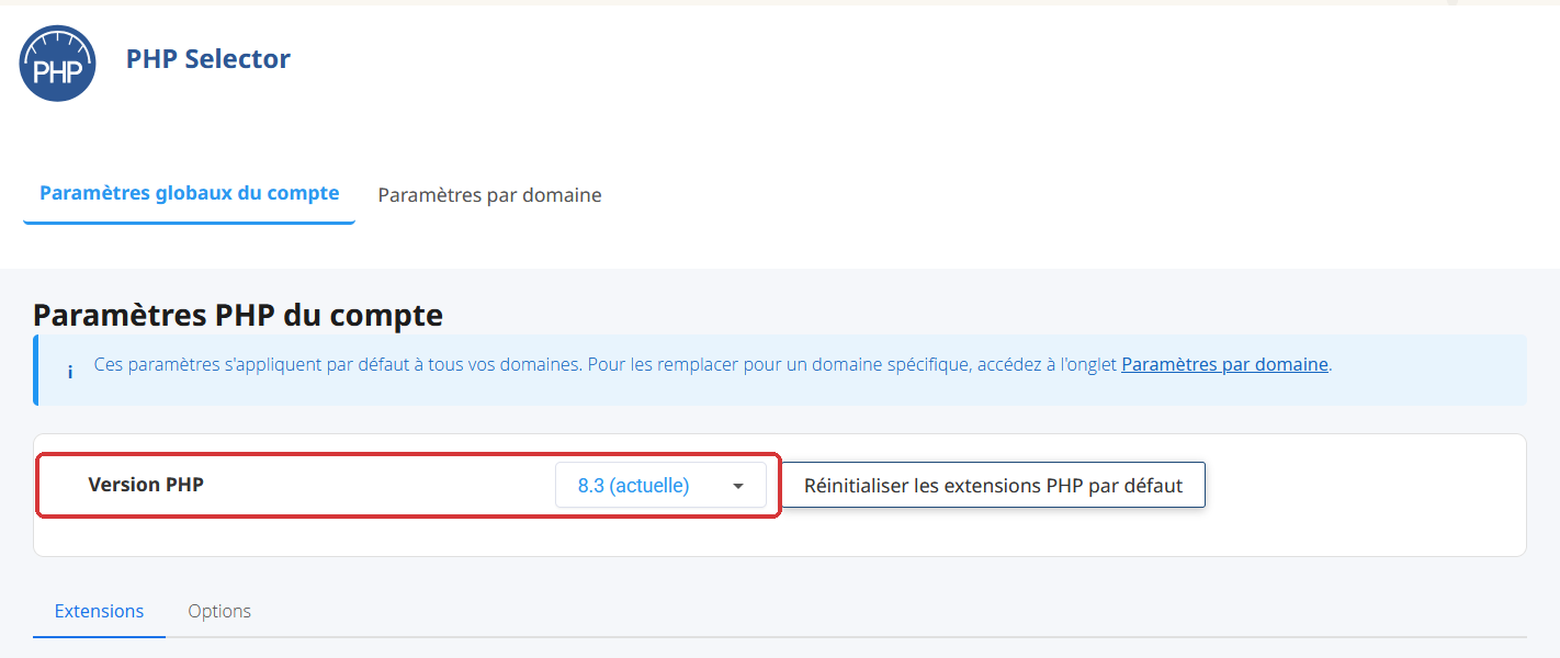PHP Selector de cPanel chez o2switch : le réglage Version PHP ne propose que la branche, ici 8.3