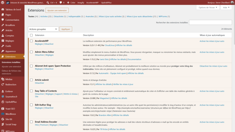 Écran Extensions installées de WordPress avec la colonne Mises à jour automatiques à droite du tableau