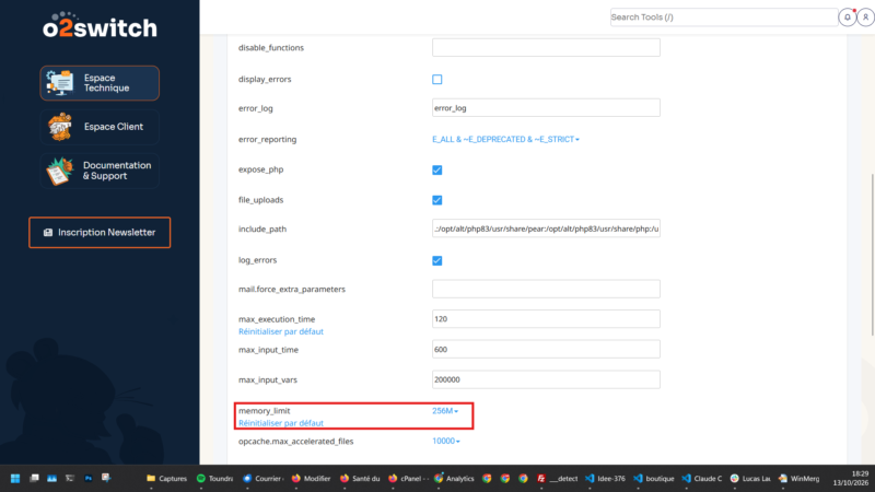 Réglage de memory_limit à 256M dans le sélecteur de version PHP du cPanel o2switch