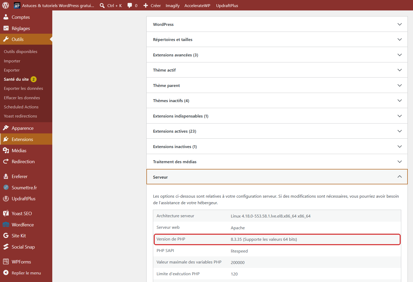 Section Serveur de la Santé du site WordPress, avec la ligne Version de PHP qui affiche 8.3.35