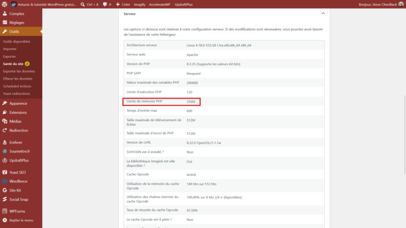 Santé du site WordPress, section Serveur : la limite de mémoire PHP affiche 256M