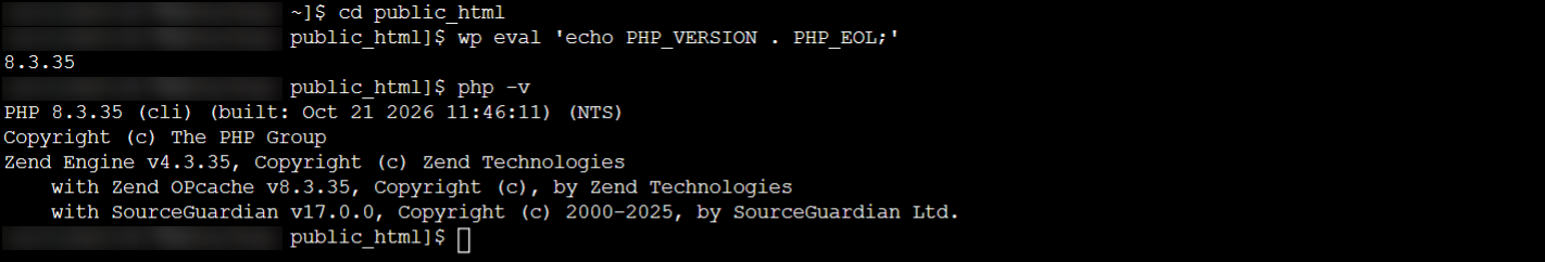 Terminal SSH où wp eval et php -v affichent tous les deux PHP 8.3.35, compilé le 21 octobre 2026
